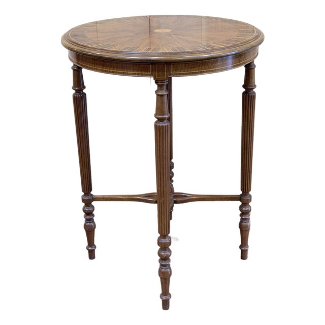 Vintage English Style Inlaid Mahogany Round Center Table With Radial Veneer For Sale