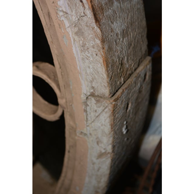 Burnt Umber Vintage European Wooden Round Tinted Glass Rose Window With Iron Scrolled Inserts For Sale - Image 8 of 18