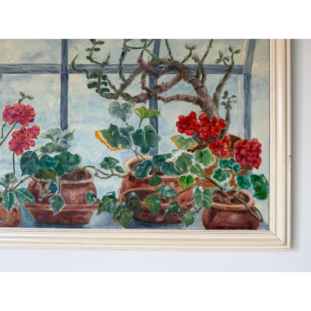 Green Large 1985 Toni Dalton Botanical Geraniums & Window Oil on Canvas Painting, Framed For Sale - Image 8 of 12