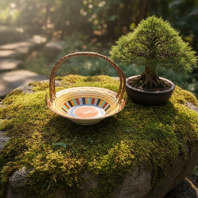 Japanese Vintage Chikaramachi 1000 Faces Porcelain Basket-Noritake Japan-Rattan Handle For Sale - Image 3 of 11