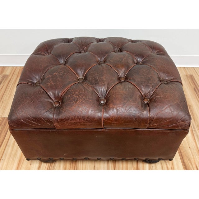 Brown Vintage Restoration Hardware Tufted Leather Ottoman For Sale - Image 8 of 13