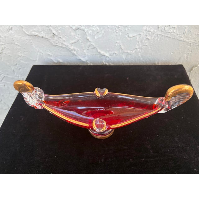 Murano Vintage Murano Red Art Glass Venetian Gondola Ashtray With Gold & White Detailing For Sale - Image 4 of 10