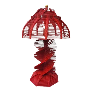 Vintage Mid Century Modern Helix Style Custom Painted Bright Red Popsicle Stick Table Lamp With Shade