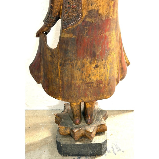 Monumental Giltwood Standing Buddha with Lotus Base, Burma, Late 19th Century For Sale - Image 4 of 18