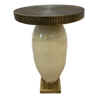 Statuesque Delphi Side Table in Ivory Enameled Metal and Brass For Sale