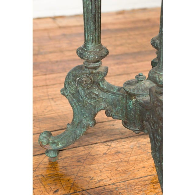Green Contemporary Verde Bronze Round Top Table with Fluted Legs and Scrolling Feet For Sale - Image 8 of 13