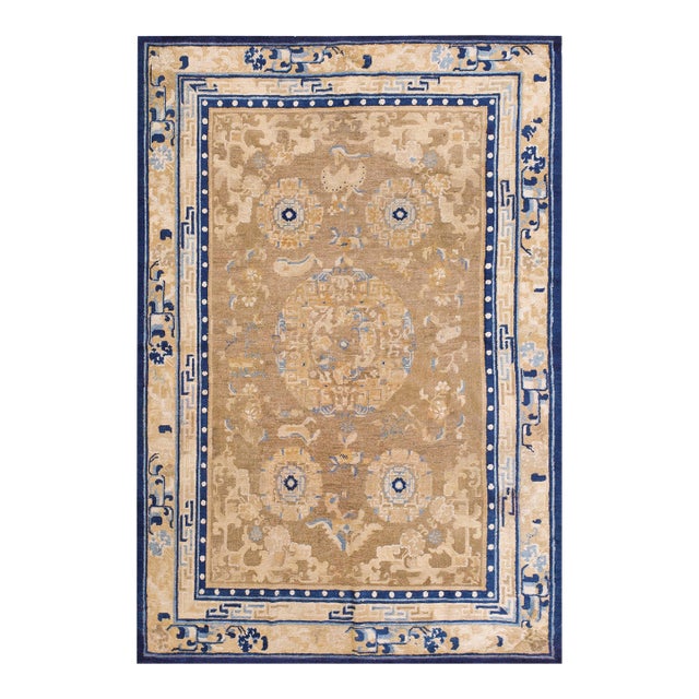 Awesome Tan-Sand Color With Small Palmette and Medallion/Crest Pattern Antique Chinese Ningxia Rug For Sale