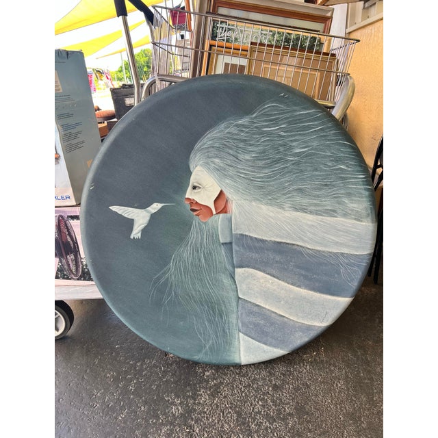 1990s 1990s Round Tondo Painting - Southwestern Indigenous Portrait & Hummingbird- Signed Styled After Frank Howell For Sale - Image 5 of 8