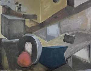Omar Bain - Untitled Modernist Landscape With Shapes, Signed (Ca. 1960, Oil on Canvas)/Geometric Landscape