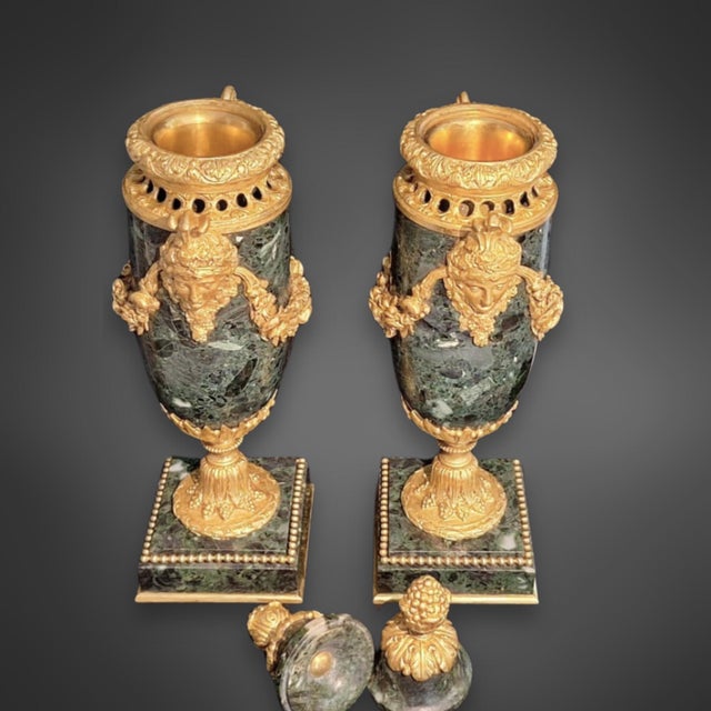 19th Century Louis XVI Style Green Marble and Gilt Bronze Cassolettes, Set of 2 For Sale - Image 6 of 10