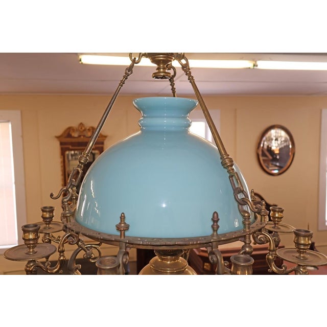 Late 19th Century Brass Kerosene Oil Chandelier With Blue Shade For Sale - Image 12 of 12