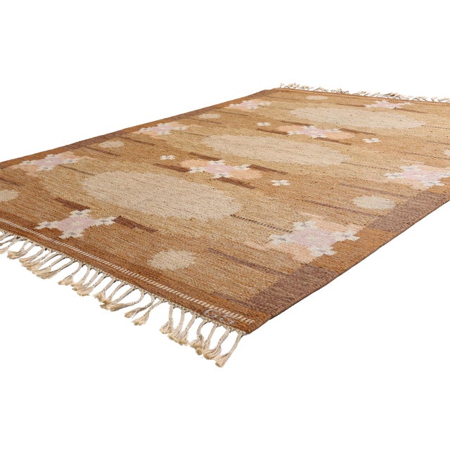 79396 Vintage Swedish Rollakan Rug, 05'07 x 07'07. The Amber Dahlia Reverie: A Gitt Grännsjö-Carlsson Masterpiece of...