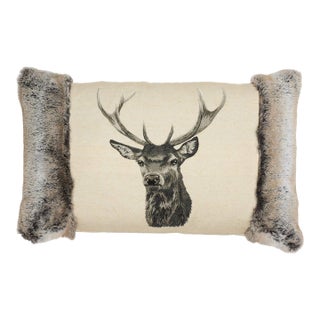 Country Linen Stag With Faux Fur Large Cushion With Feather Filler - 45x65cm (18"x25") For Sale