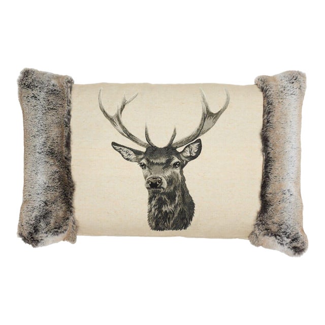 Country Linen Stag With Faux Fur Large Cushion With Feather Filler - 45x65cm (18"x25") For Sale