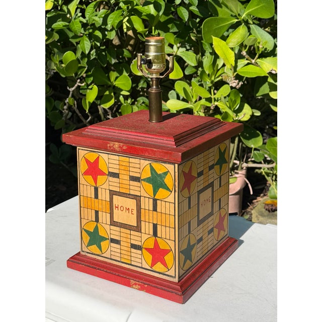 American Vintage Folk Art Game Board Painted Wood Table Lamp For Sale - Image 3 of 11