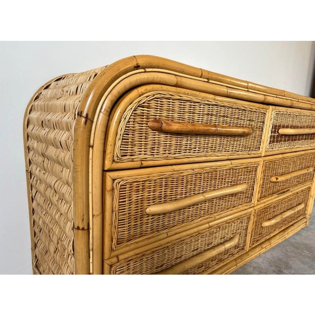 Vintage Coastal Organic Bamboo and Rattan Six - Drawers Waterfall Top Dresser/ Sold For Sale - Image 4 of 12