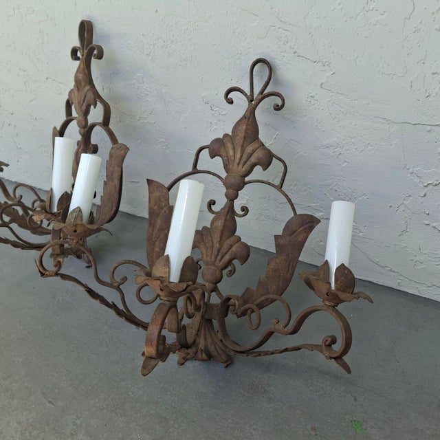 Large 19thc French Louis XVI Manor Style Dark Patinated Iron 3 Light Candle Sconces a - Pair For Sale In Miami - Image 6 of 17