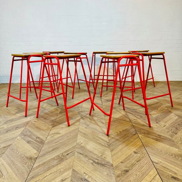 1990s Vintage Red Metal and Oak Lab Stools by David Irwin, 1990s, Set of 10 For Sale - Image 5 of 17