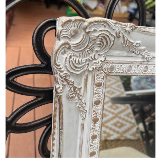 French Country Wall Mirror Features a Heavily Distressed White Frame With Gold Trim For Sale - Image 12 of 15