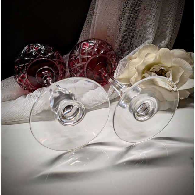Glass Vintage Saint-Louis Crystal Massenet Cranberry Cut to Clear Hock Wine Glasses, Pair For Sale - Image 7 of 8