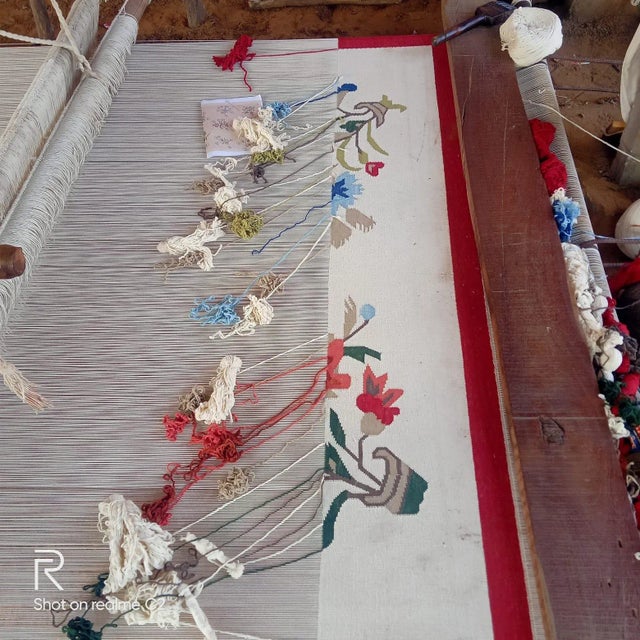 Handmade Cotton Flower Patterned Rug Cream With Blue Green Beige & Red Border -6'x9' For Sale - Image 11 of 11