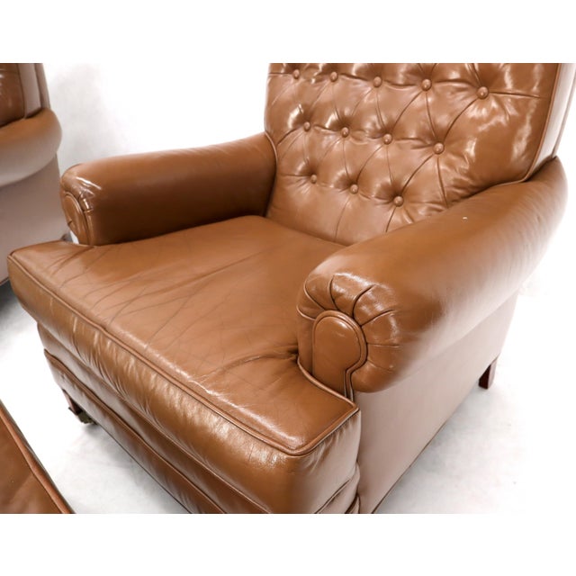 Pair of Chesterfield Style Leather Chairs W/ Ottomans Brown to Tan For Sale - Image 12 of 15