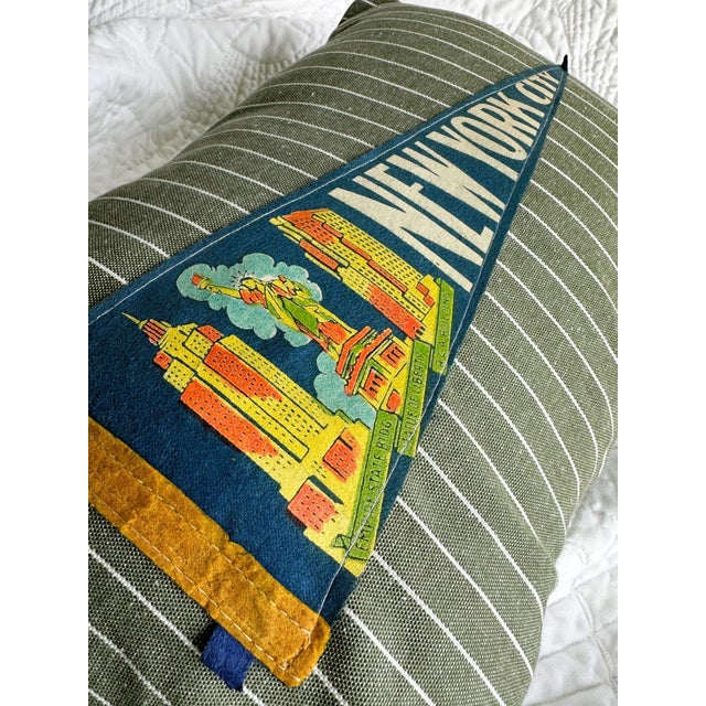 Description: Vintage NYC, New York Pennant from around the 1950s-1960s. Unknown date. New olive green and white striped...