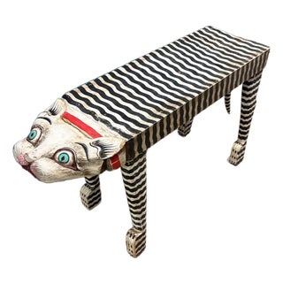 Vintage Folk Art Cat Wood Bench For Sale