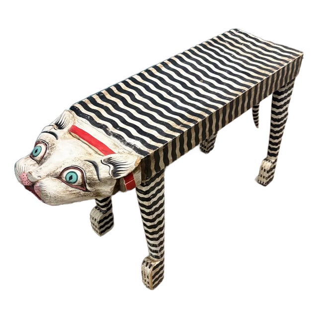 Vintage Folk Art Cat Wood Bench For Sale