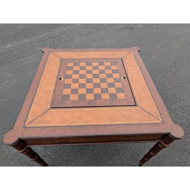 Ornamental & Decorative Materials Mid 20th Century Ethan Allen Hollywood Regency Inlaid Leather Game Table With Cane-Cut Legs For Sale - Image 7 of 14