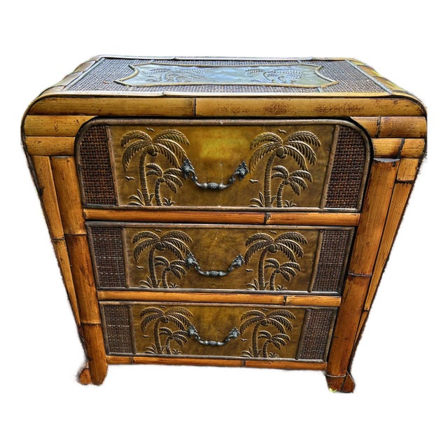 Palm Tree Motif Rattan & Bamboo Retro Small Chest of Drawers For Sale
