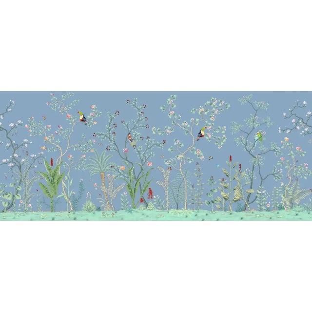 36" * H100"/Panel * 7ps, Birds Awakening Garden on Blue Wallpaper Mural - Set of 7 For Sale