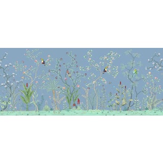 Birds Awakening Garden on Blue Wallpaper Mural - Set of 7 For Sale