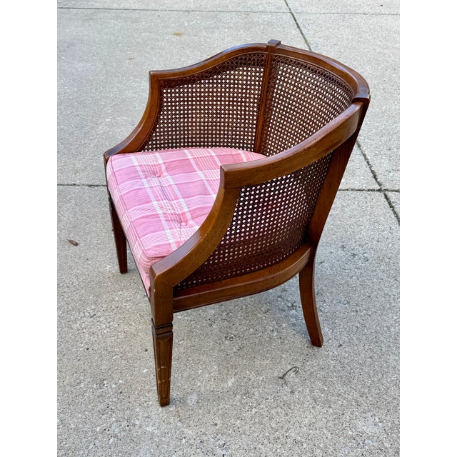 Vintage Mid-Century Modern Cane Barrel-Back Armchair | Hollywood Regency Neoclassical Revival | Tufted Pink Plaid Upholstery For Sale - Image 12 of 18