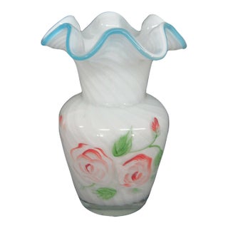 Glass Swirl Opalescent Blue Hand Painted Roses Ruffled Edge Vase 504b For Sale