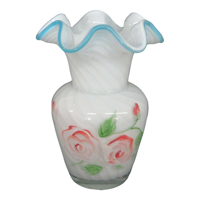 Glass Swirl Opalescent Blue Hand Painted Roses Ruffled Edge Vase 504b For Sale