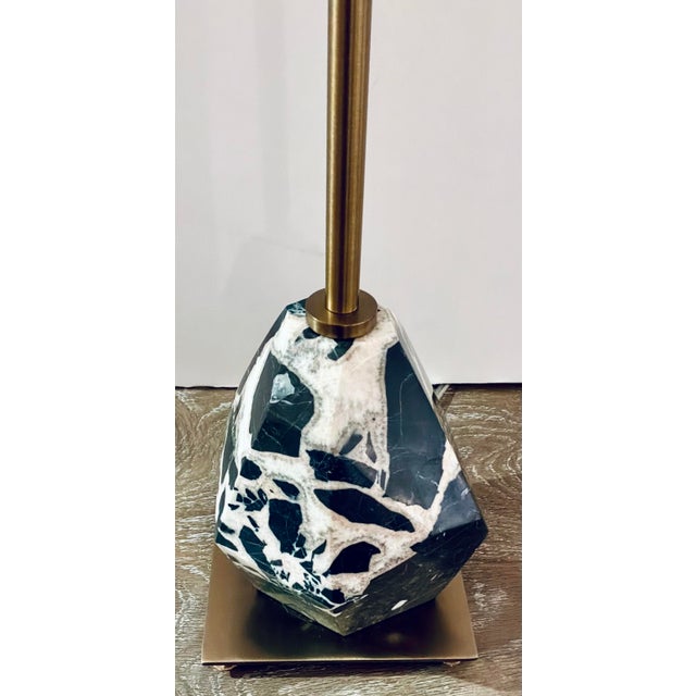Stylish Modern Panda Marble and Brass Rowland Buffet Lamp, white fabric shades, showroom floor sample
