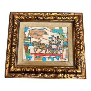 Contemporary Original Stephen Heigh Abstract Painting Over Vintage Book Page “The Lion and Zebra” in Gilt Wood Frame