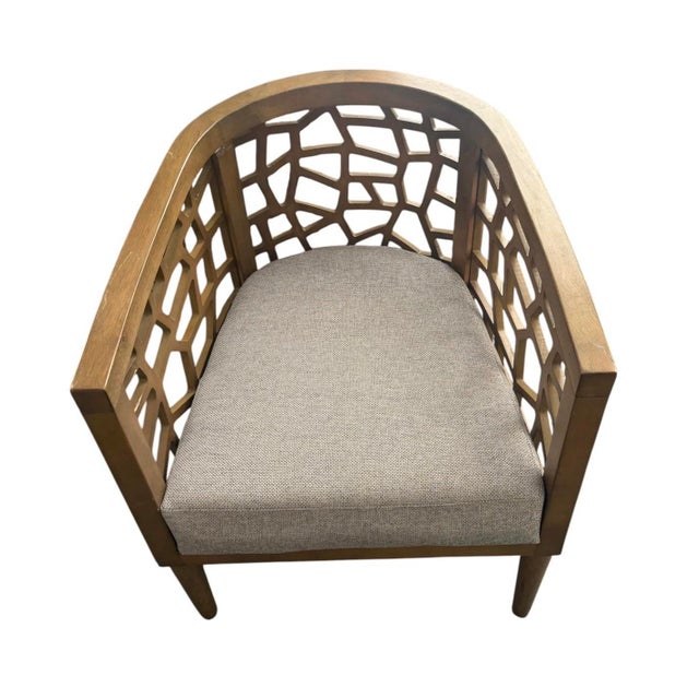 Mid-Century Modern Mid-Century Modern Organic Lattice Teak Barrel Chair With Linen Cushion For Sale - Image 3 of 12