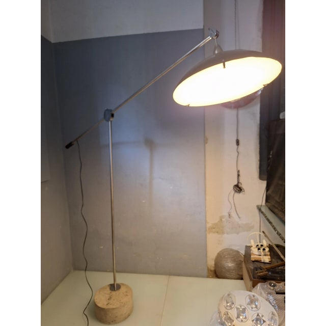 Large Floor Lamp in Chromed Metal with Black Acrylic Glass Lampshade and Travertine Base, 1960s, in Very Good conditions....