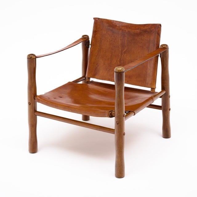 Brown Mid-Century Modern Wood and Cognac Leather Safari Armchair For Sale - Image 8 of 9
