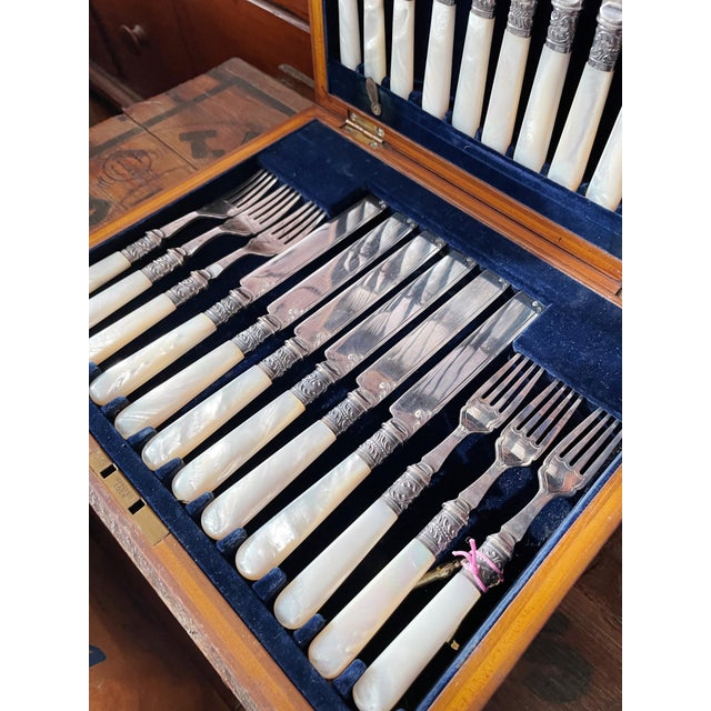 1900 - 1909 Antique Mother of Pearl and Silver Plated Flatware Service for 12 For Sale - Image 5 of 6