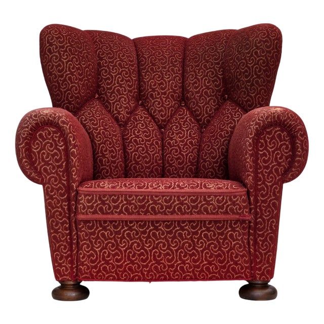 Danish Armchair in Red Wool with Oak Legs, 1950s For Sale