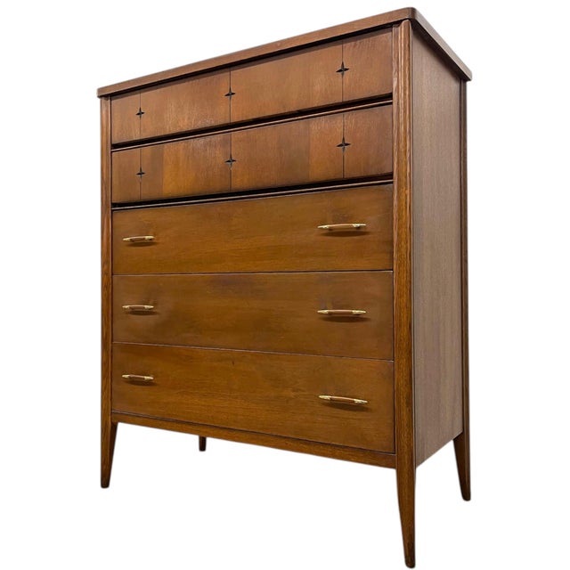1960s 1960s Broyhill Premier “Saga" Highboy Dresser - Mid-Century Modern Chest With Starburst Carvings For Sale - Image 5 of 10