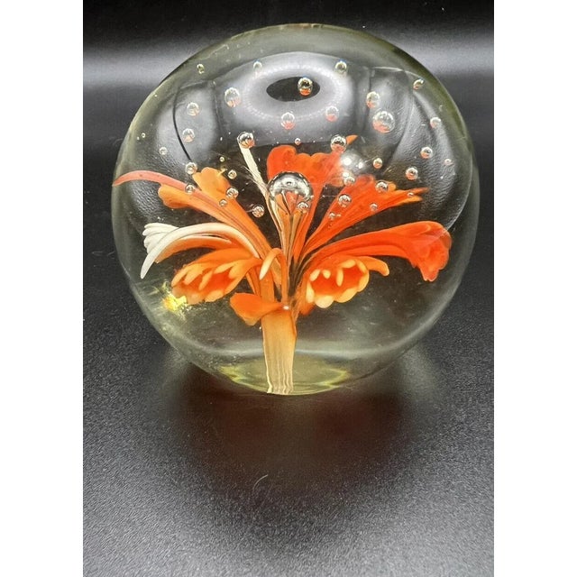 Italian Mid-Century Orange & White Flower Bullicante Paperweight For Sale - Image 3 of 9