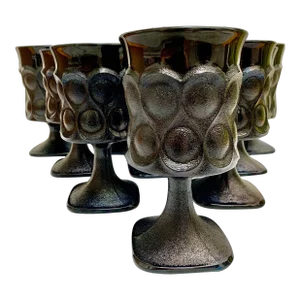 1960s-1970s Black Textured Stemware Goblet Glasses, Set of Ten