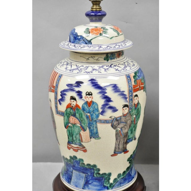 Vintage Chinoiserie Oriental Oatmeal Ginger Jar Ceramic Table Lamps - A Pair For Sale - Image 4 of 13