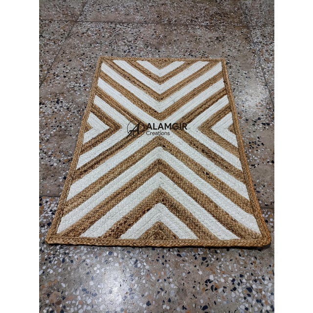 Handwoven Natural Jute Geometric Chevron Doormat Rug For Sale - Image 9 of 9