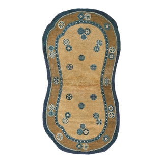 1750s Tan Camel Geometric Antique Chinese Ningxia Saddle Cover Rug 2'4" X 4'6" Hand Knotted Pile Wool Carpet For Sale