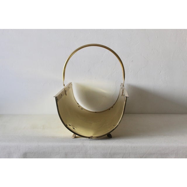 Vintage Mid Century Modernist Gold Brass Black Finish Metal Firewood Log Holder Paw Footed For Sale - Image 4 of 10